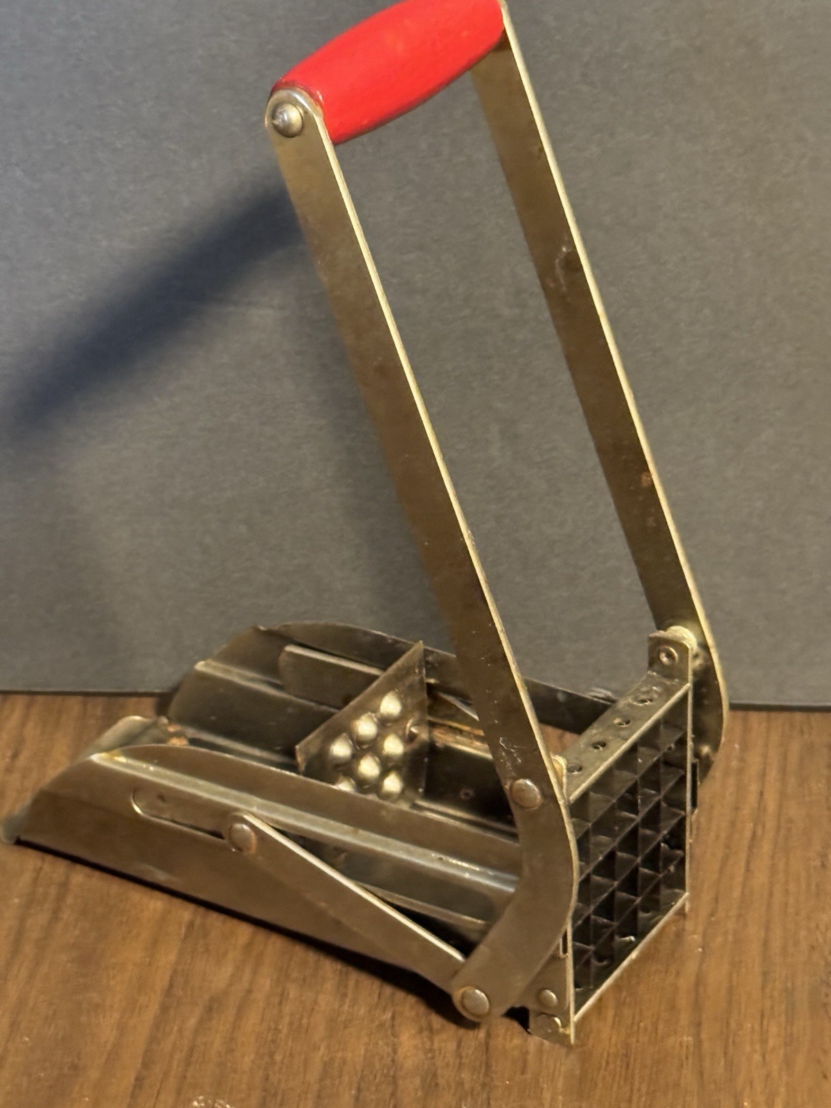 Vintage French Fry Potato Cutter Heavily Block Tinned Red Wood Handle