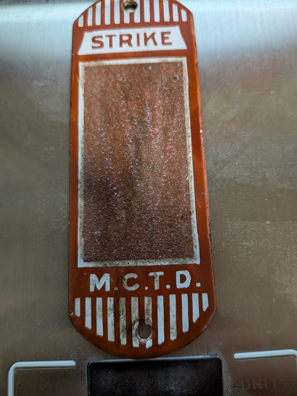 Antique MANCHESTER CITY TRANSPORTATION DEPT  PORCELAIN ENAMEL MATCH  STRIKER