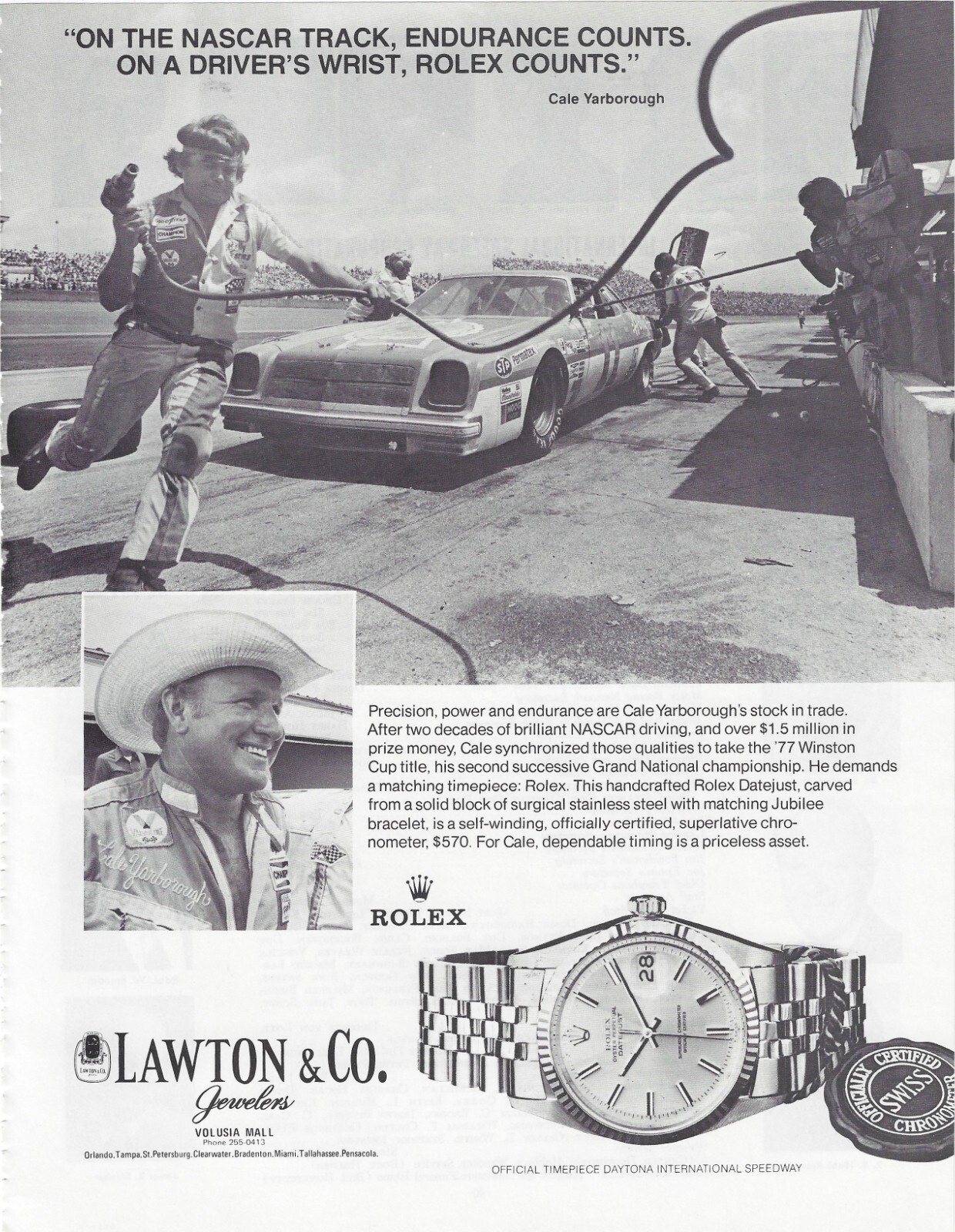 1978 Rolex Datejust Yarborough NASCAR Daytona 500 Watch Photo VINTAGE PRINT AD