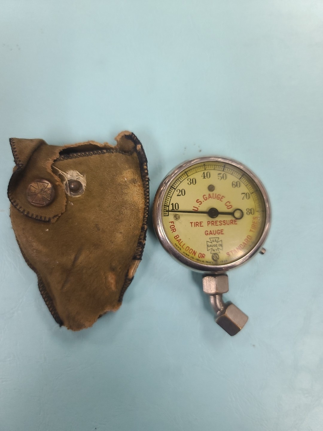 ATQ 1926 Pat. Tire Pressure Gauge U.S. Gauge Co. w/ Leather Pouch-Tested, Works