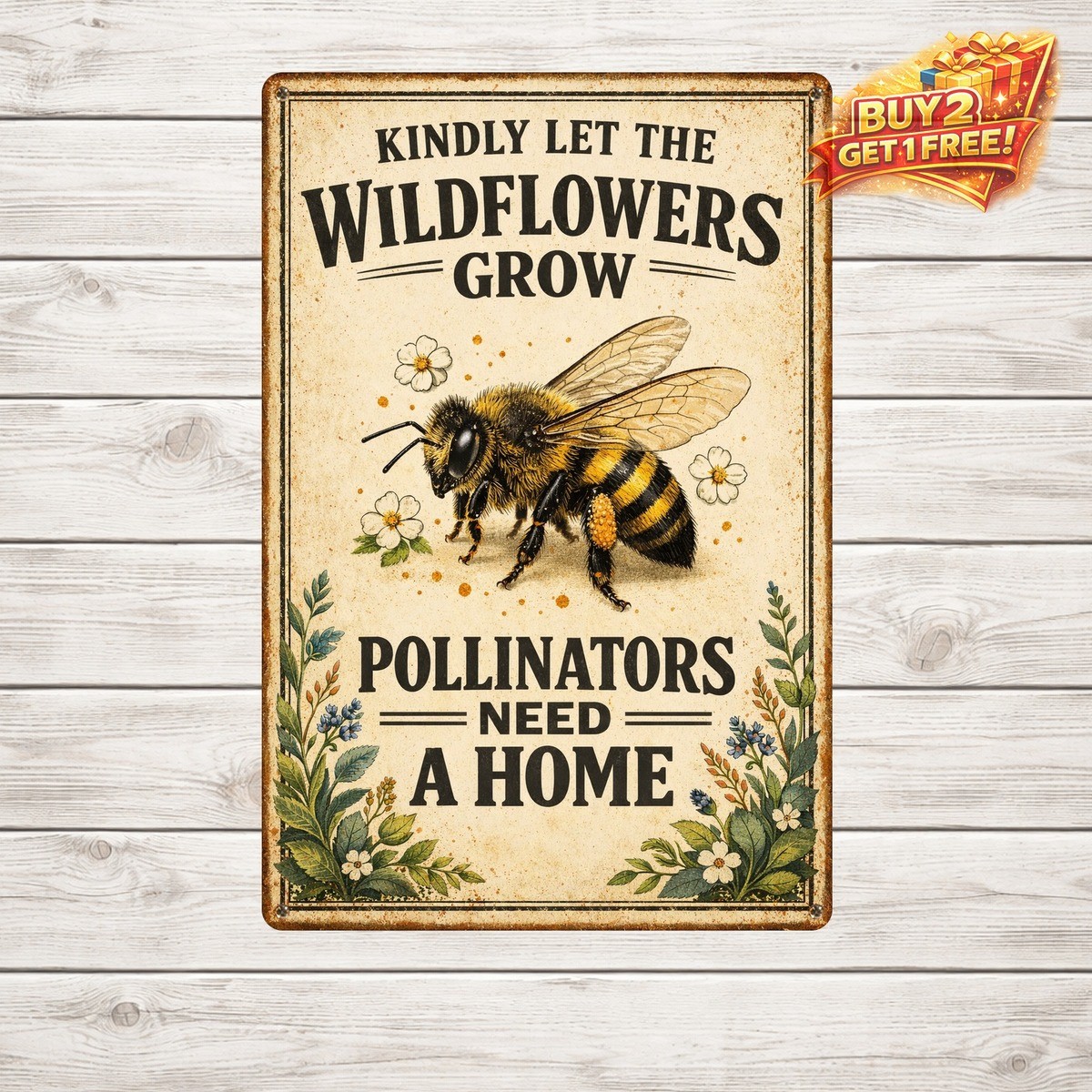 Pardon Our Weeds We Are Feeding Bees Bee Flower Vintage Metal Sign 8x12