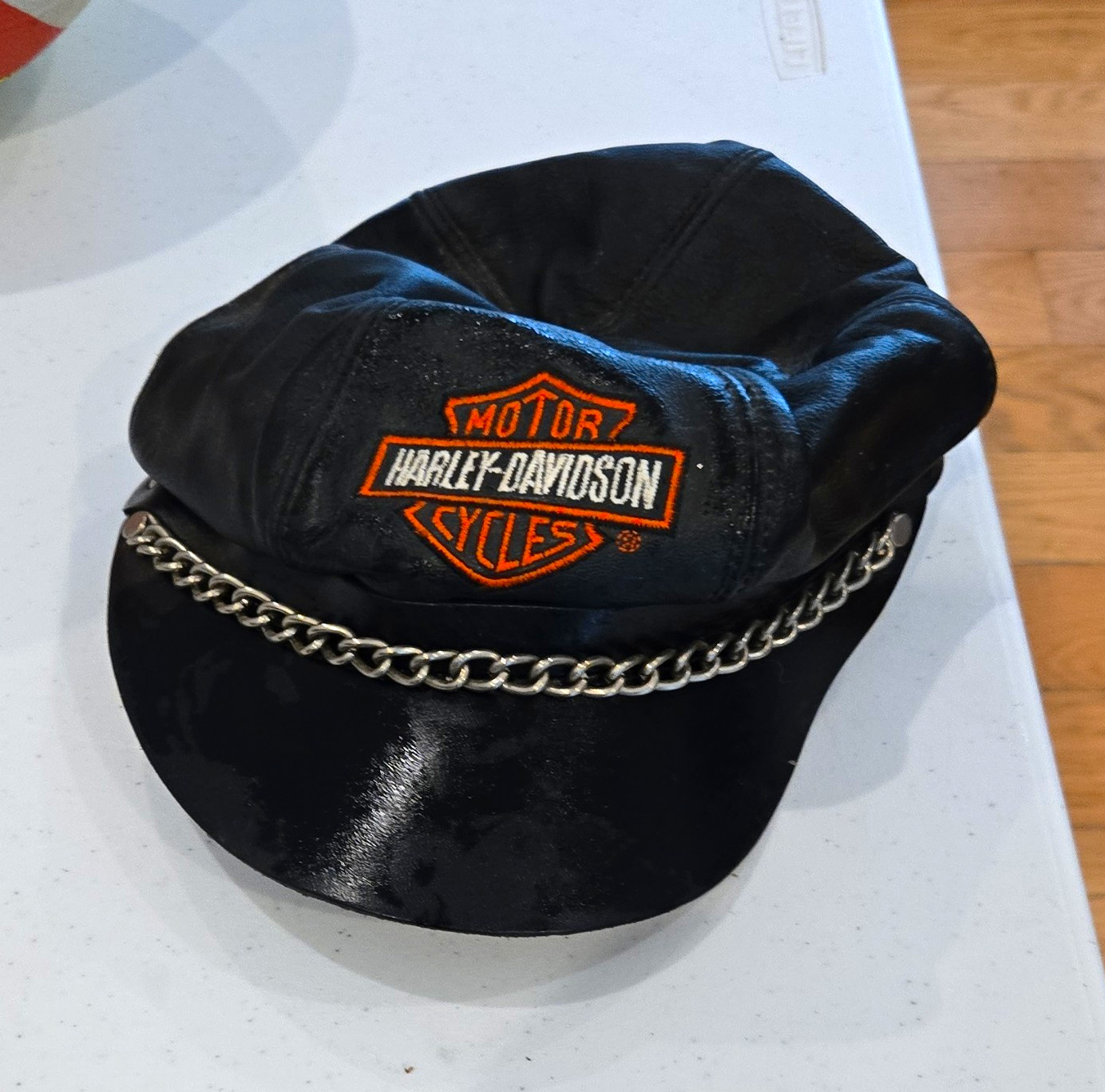 Harley-Davidson Motorcycles Black Leather Hat with Chain, Embroidered Logo