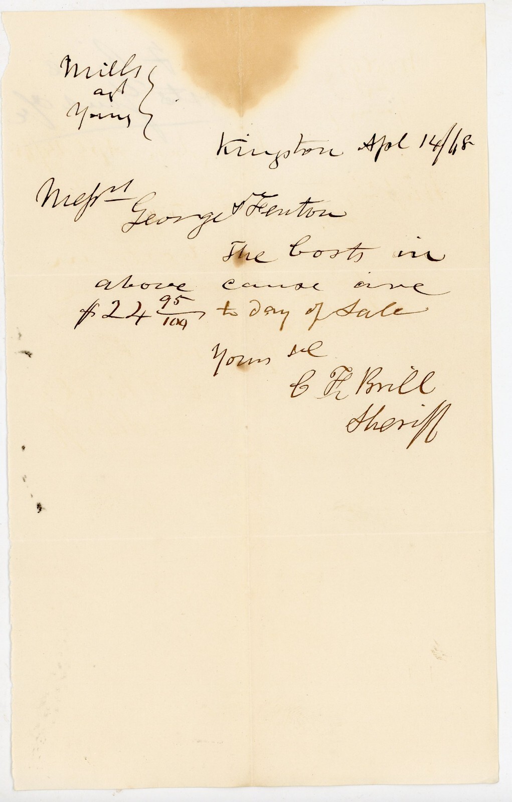 1868 Kingston NY Sheriff’s Letter Legal Costs Mills v Young Signed Sheriff Buell