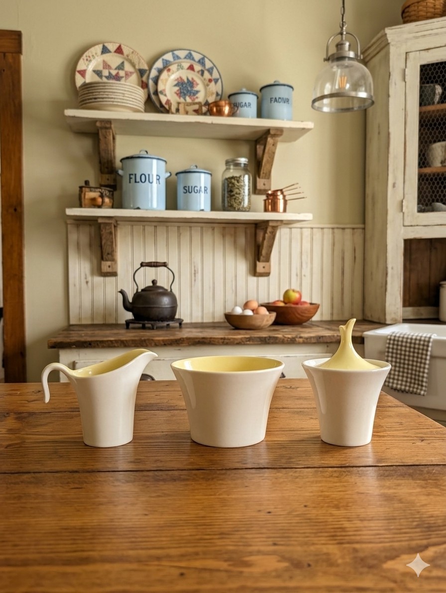 Rare MCM Harkerware Yellow & White 3pc Creamer & Sugar Set - Ohio Art Pottery