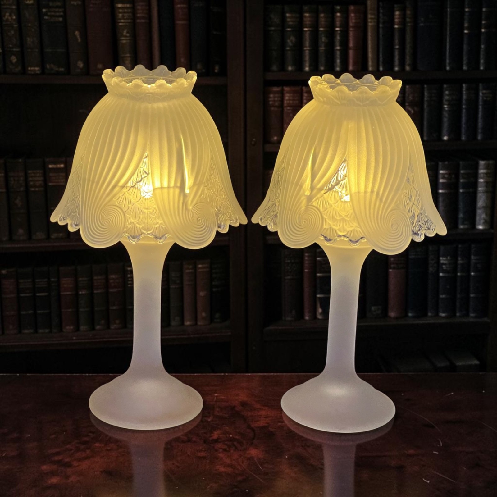 Partylite Clairmont Vintage Pair of Large Frosted Glass Fairy Lamp Candle Lights