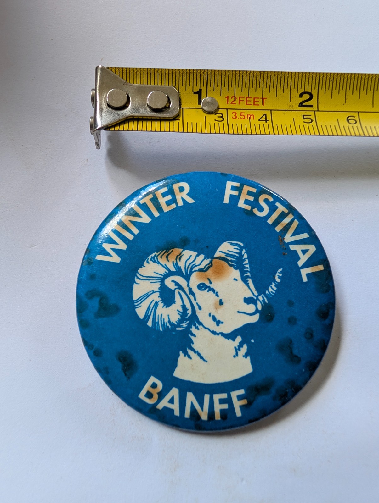 Vintage Pin Button Pinback Winter Festival Banff Big Horned Sheep Canada