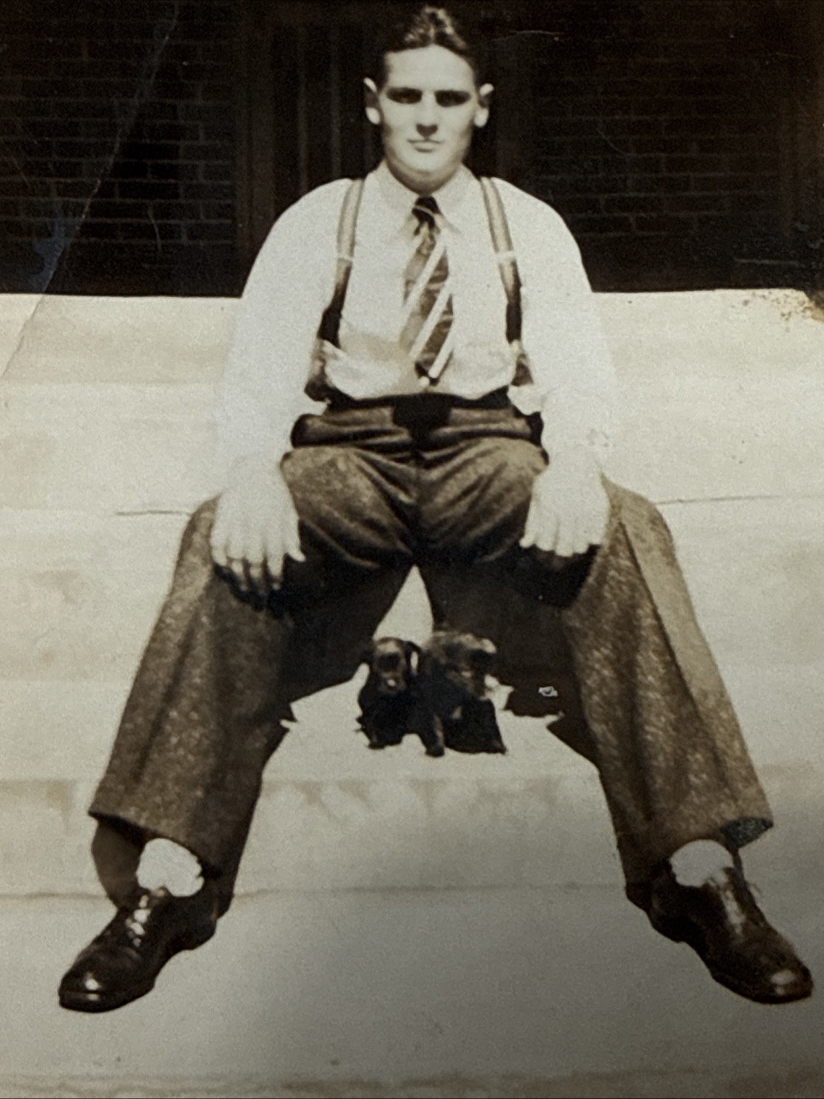 Shreveport LA 1920s Man Tiny Puppies Dogs Stairs Suspenders Photo Snapshot Vtg