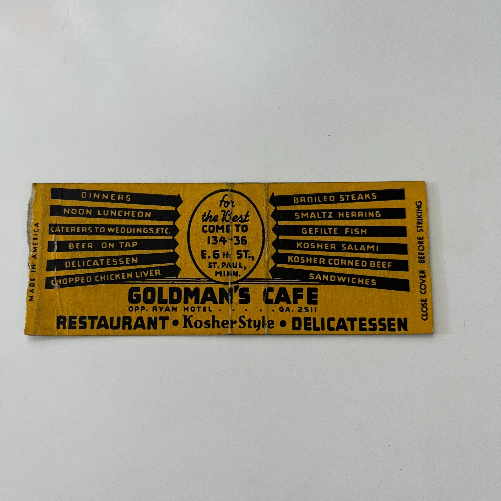 Goldman's Cafe Restaurant Kosher Style Vintage Matchbook Cover TMB44-5 Goldman's Cafe Restaurant Kosher Style Vintage Matchbook Cover TMB44-5