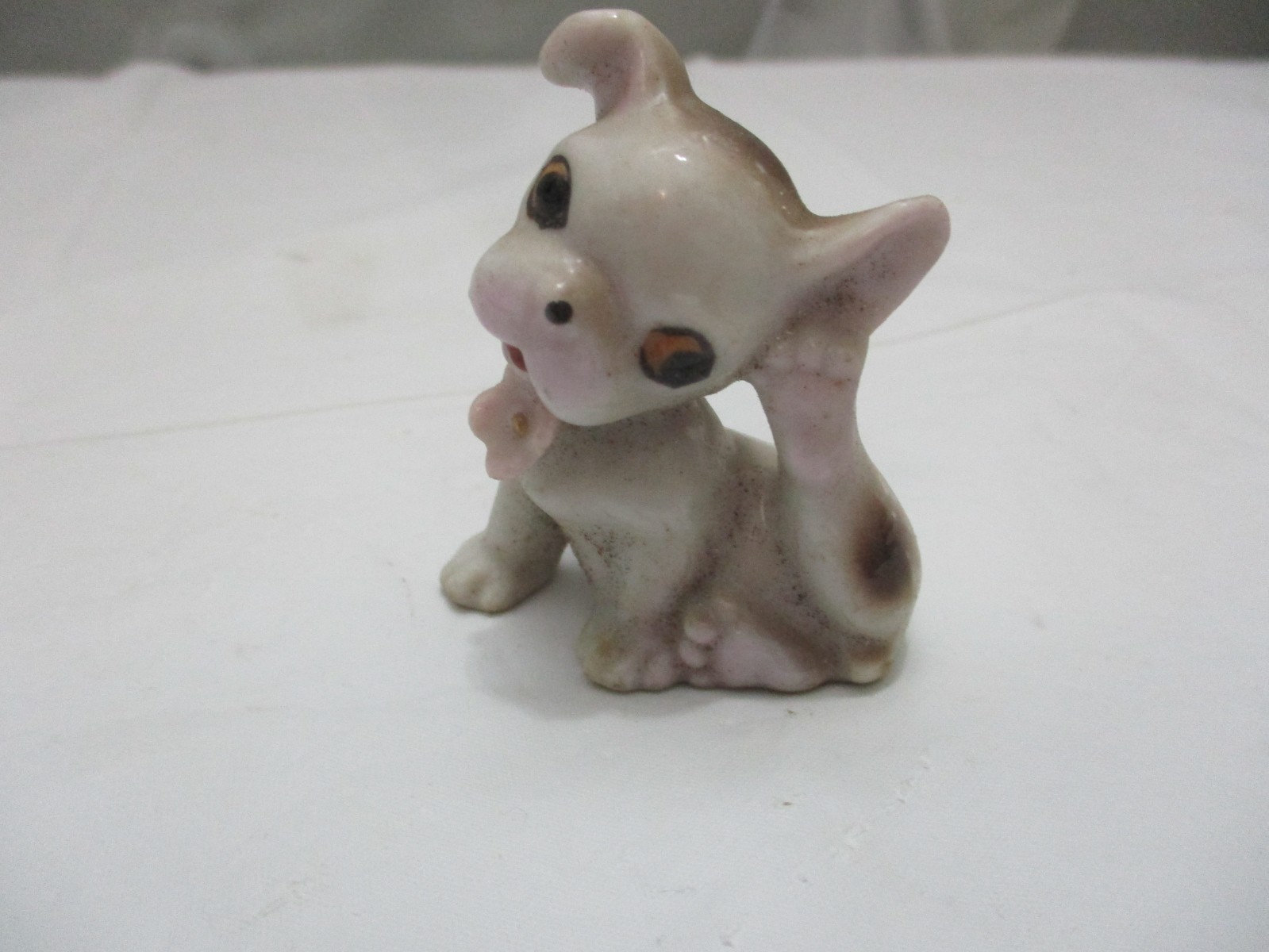 Vintage Small Porcelain Puppy Dog With Bow Scratching Made In Japan