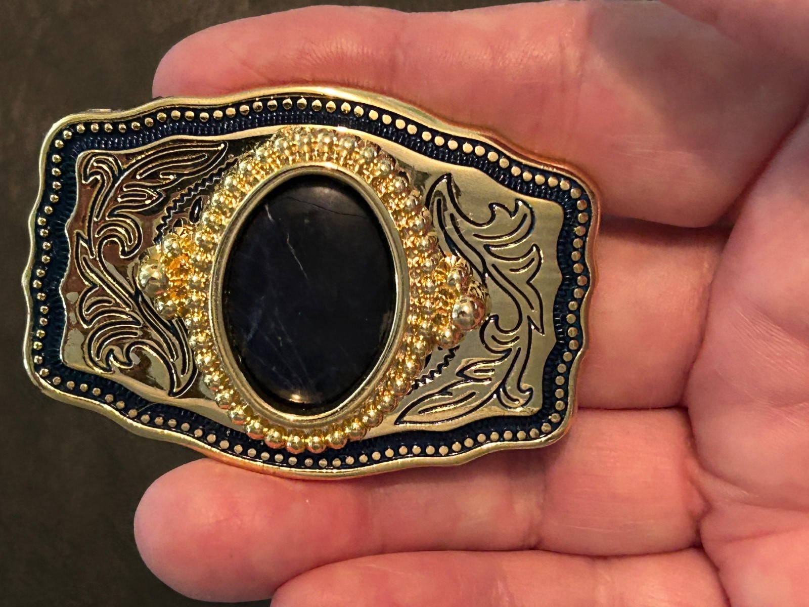Vintage small Western gold-tone with black onyx cabochon belt buckle