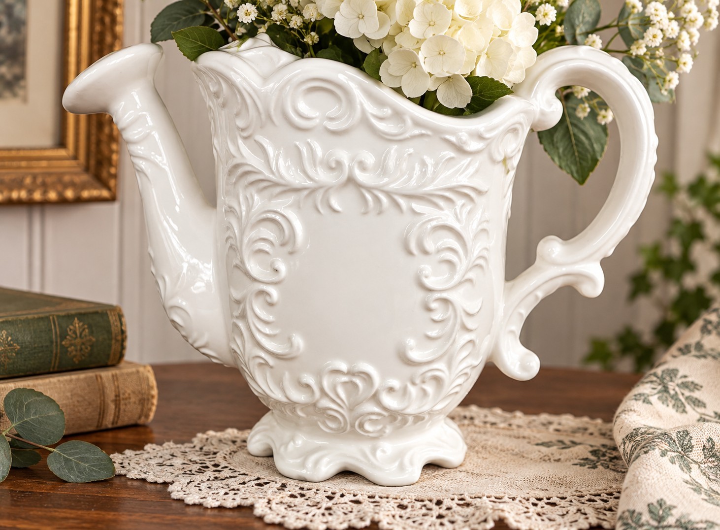 Vintage Napcoware Provincial White Ceramic Pitcher Ewer Japan French Country