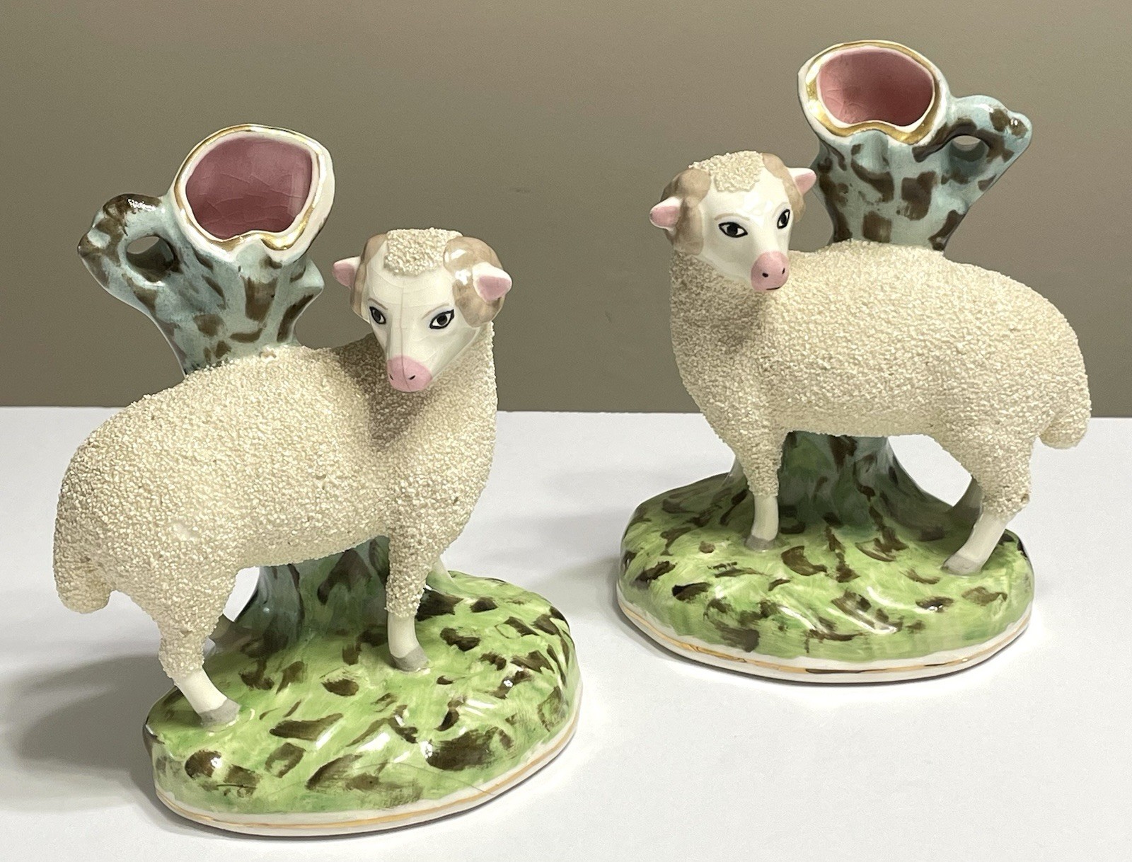 Lovely Set Antique Staffordshire Ram Textured Spill Vases Pair Handpainted Glaze