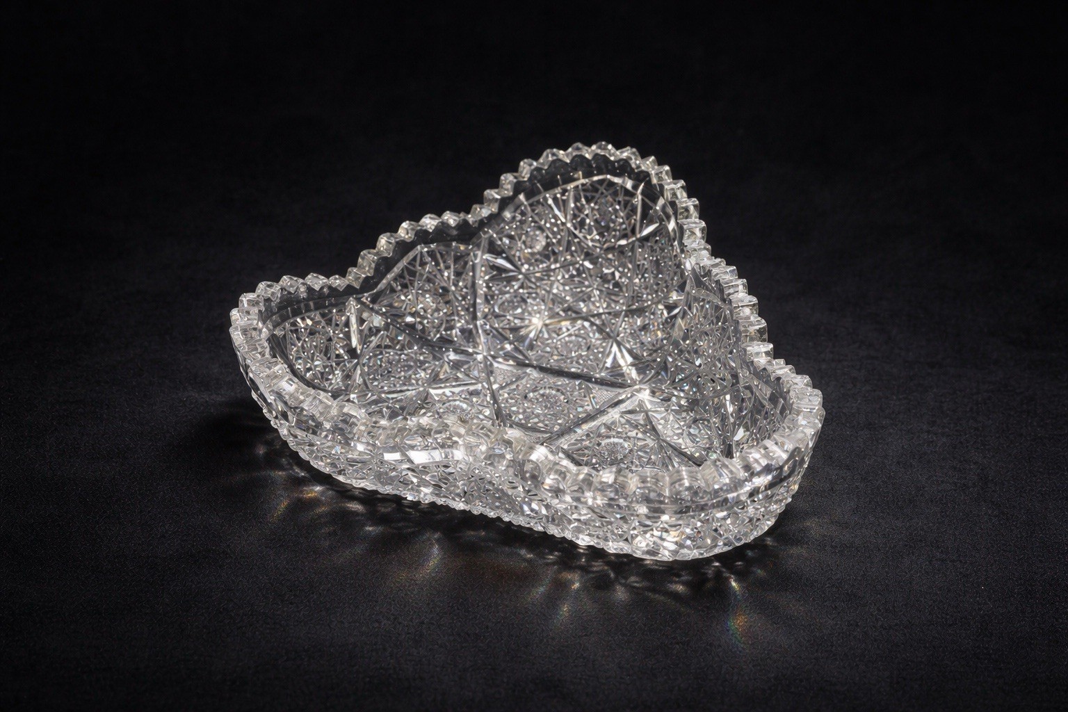 Vintage Cut Crystal Triangular Nappy Dish Hobstar Starburst Heavy