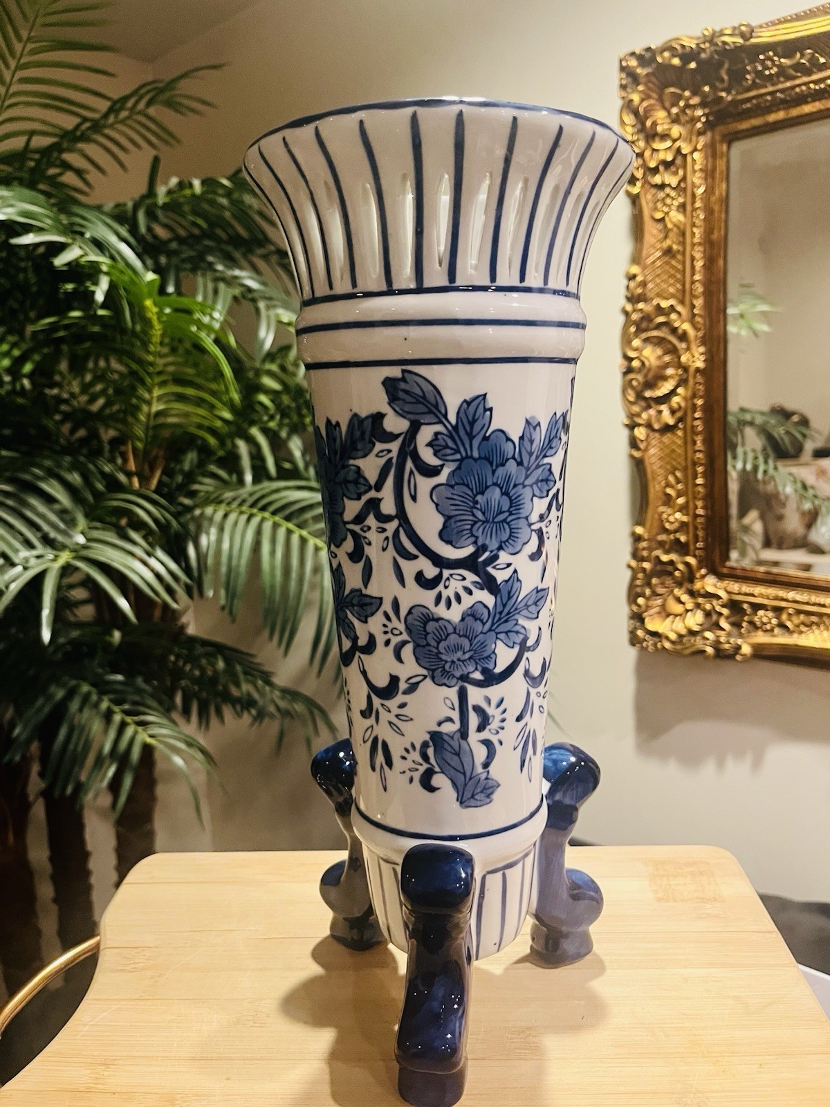 Chinoiserie Hand - Painted Footed Porcelain Vase Blue Floral Pattern Cutout Rim Chinoiserie Hand - Painted Footed Porcelain Vase Blue Floral Pattern Cutout Rim
