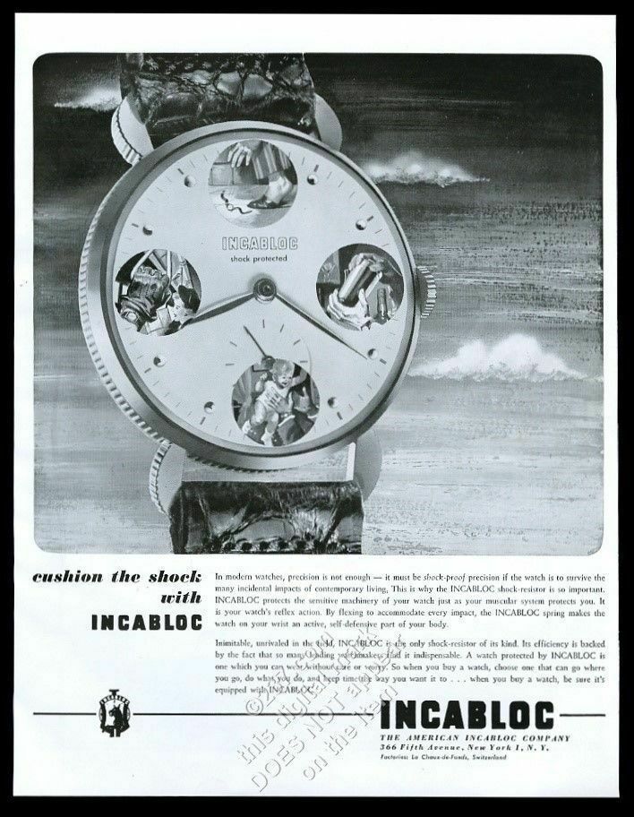 1949 Incabloc watch illustrated vintage print ad