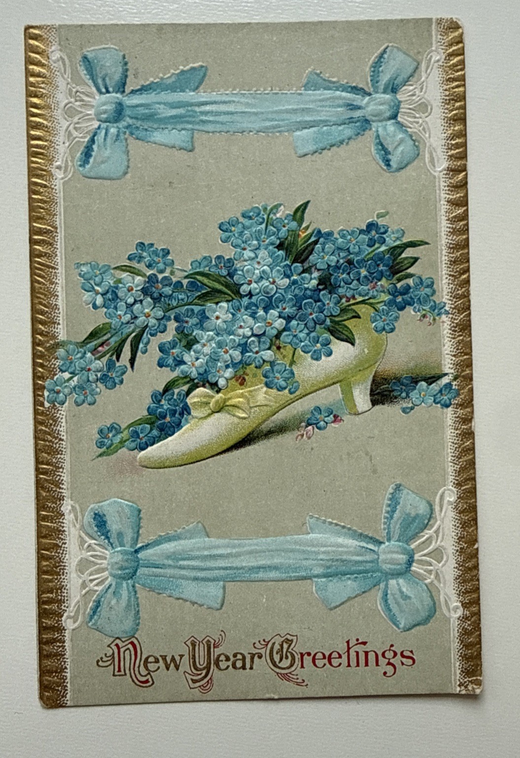 New Year Greetings Postcard Forget-Me-Nots Shoe Ribbons Embossed Antique 1910