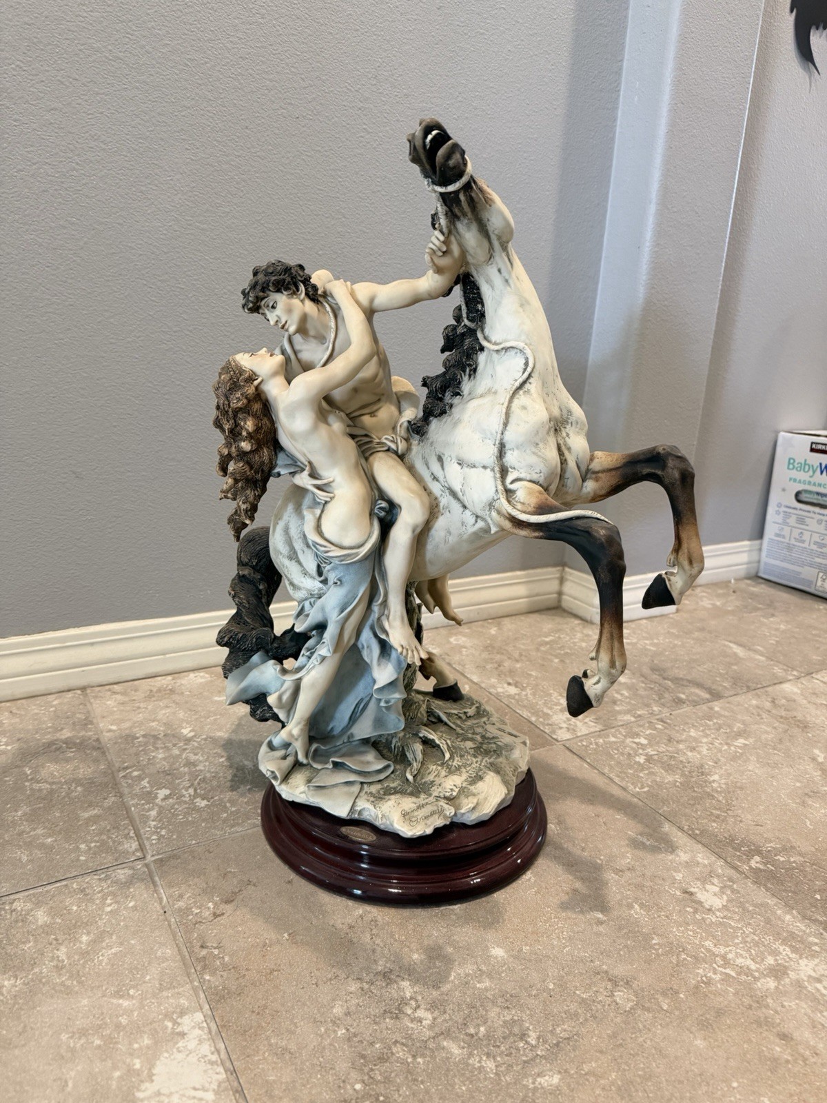 Florence Giuseppe Armani Signed Romantic Couple on Rearing Horse Figurine Wood