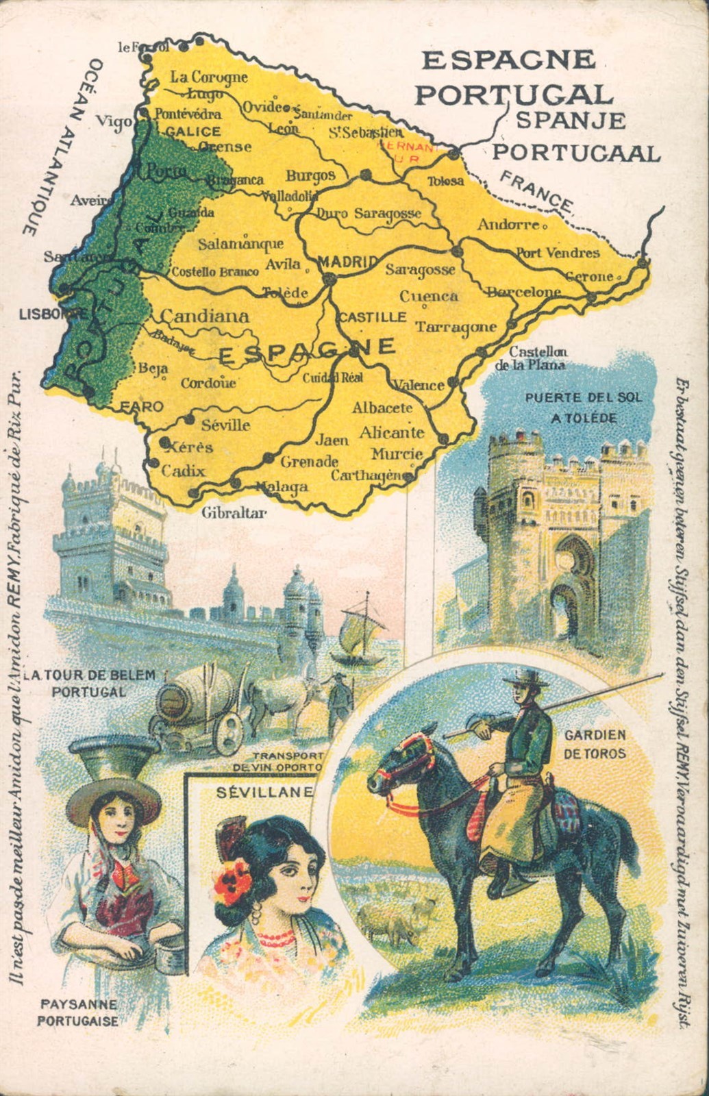 SPAIN PORTUGAL map French multiview advertising litho PC 1910s SPAIN PORTUGAL map French multiview advertising litho PC 1910s