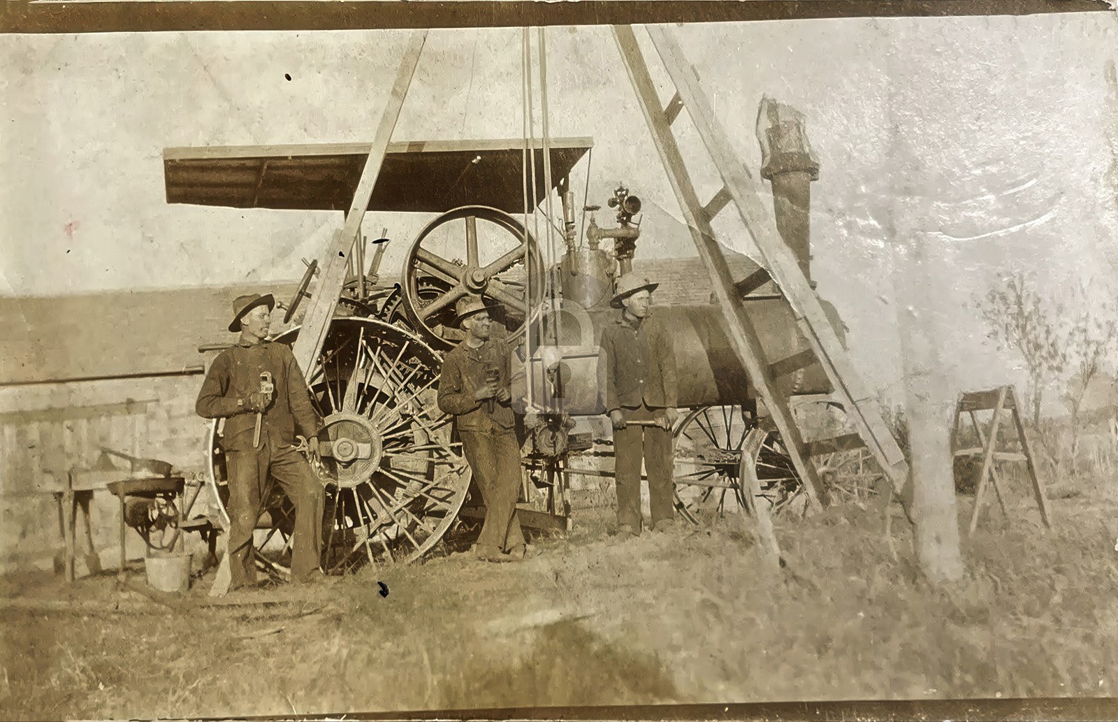Farm Crew Hoisting a Steam Tractor With Chain Falls RPPC Photo Postcard COPY