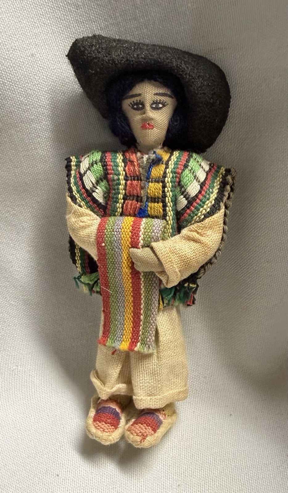 Vintage Folk Doll Mexican Sombrero Poncho Serape Carnival Cloth Hand Made