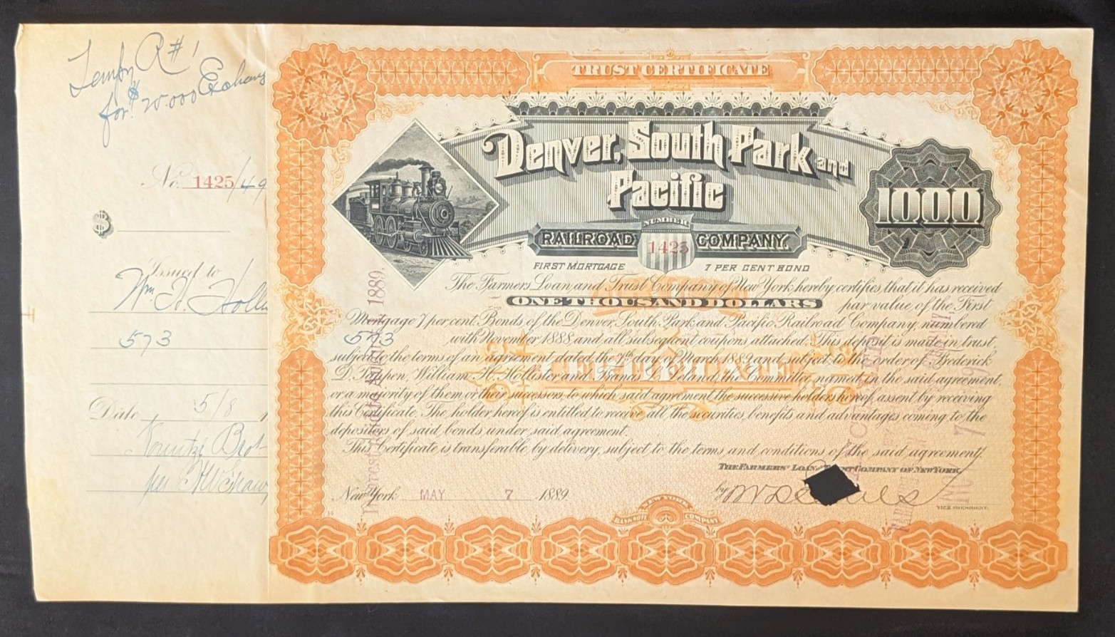 1889 Denver, South Park and Pacific Railroad Bond Certificate. Very Good Cond. 1889 Denver, South Park and Pacific Railroad Bond Certificate. Very Good Cond.
