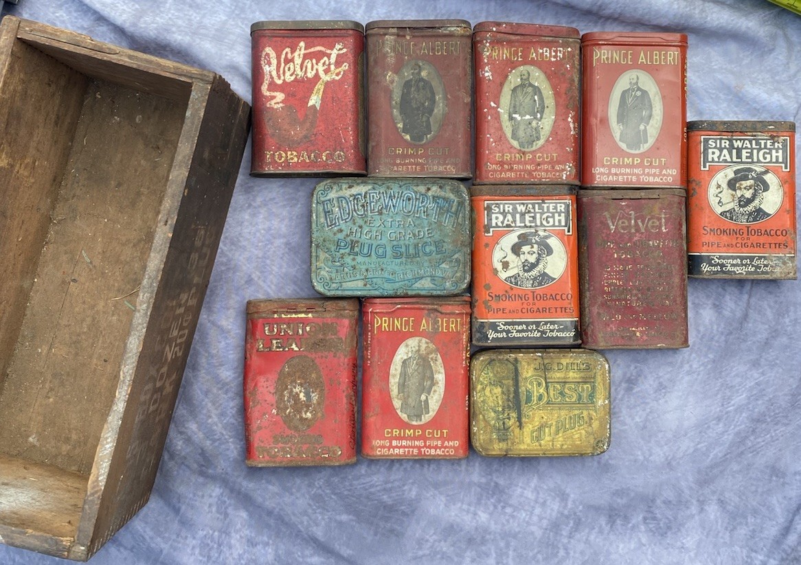 Antique Tobacco Tin Lot Wooden Plug Tobacco Box Prince Albert Velvet Edgeworth