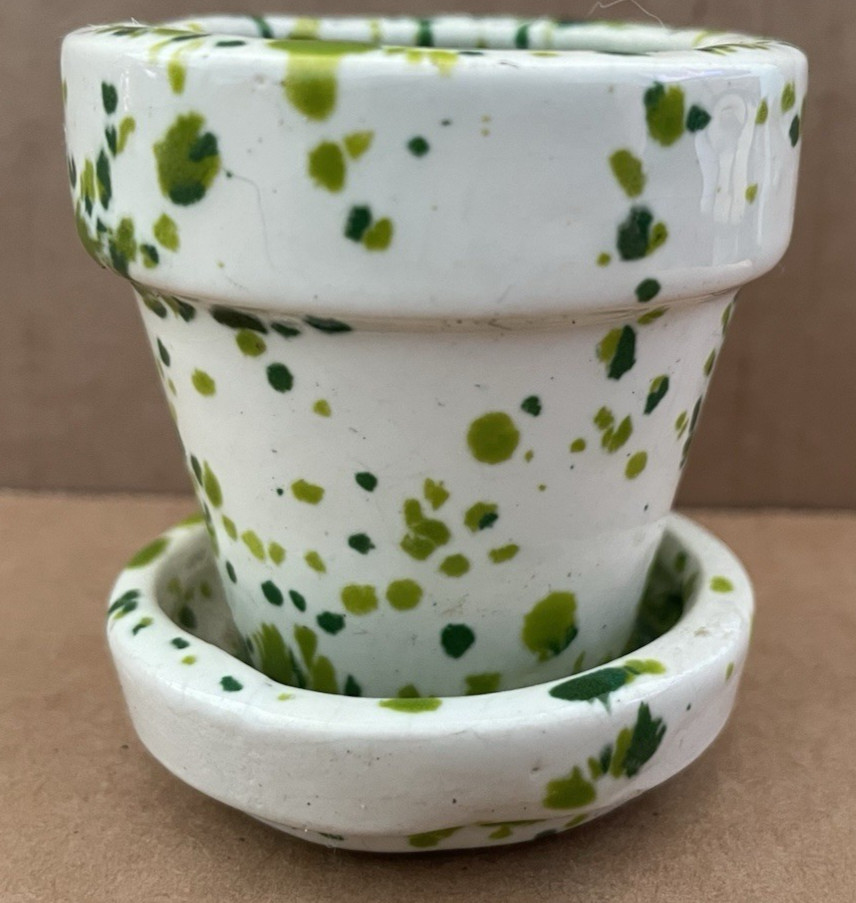Vintage MCM Ceramic Green / White Drip Glaze Mini Miniature Flower Pot