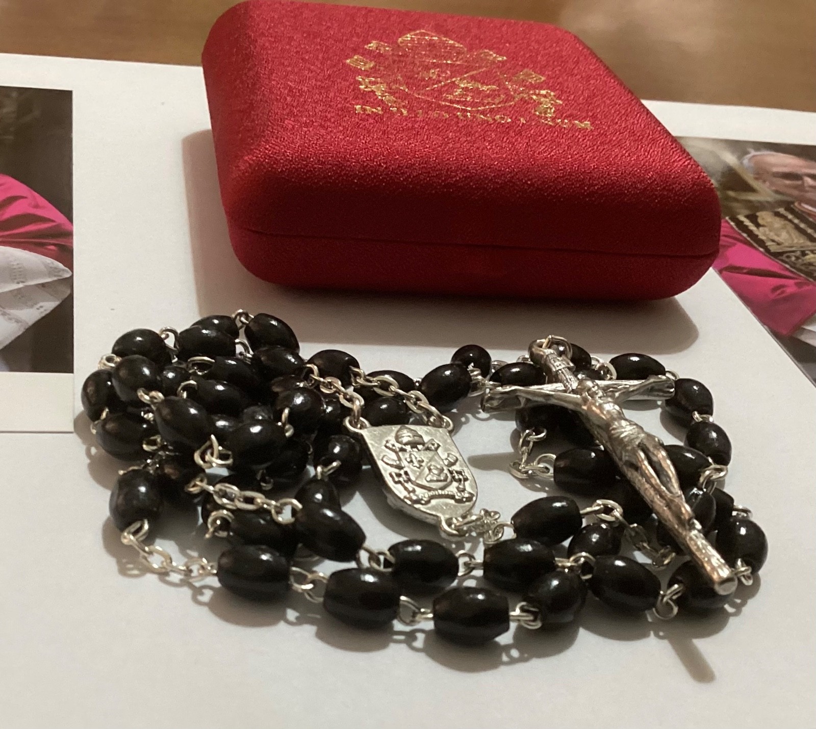 Rare Official Black Rosary Red Silk Case Pope Leo XIV Prevost