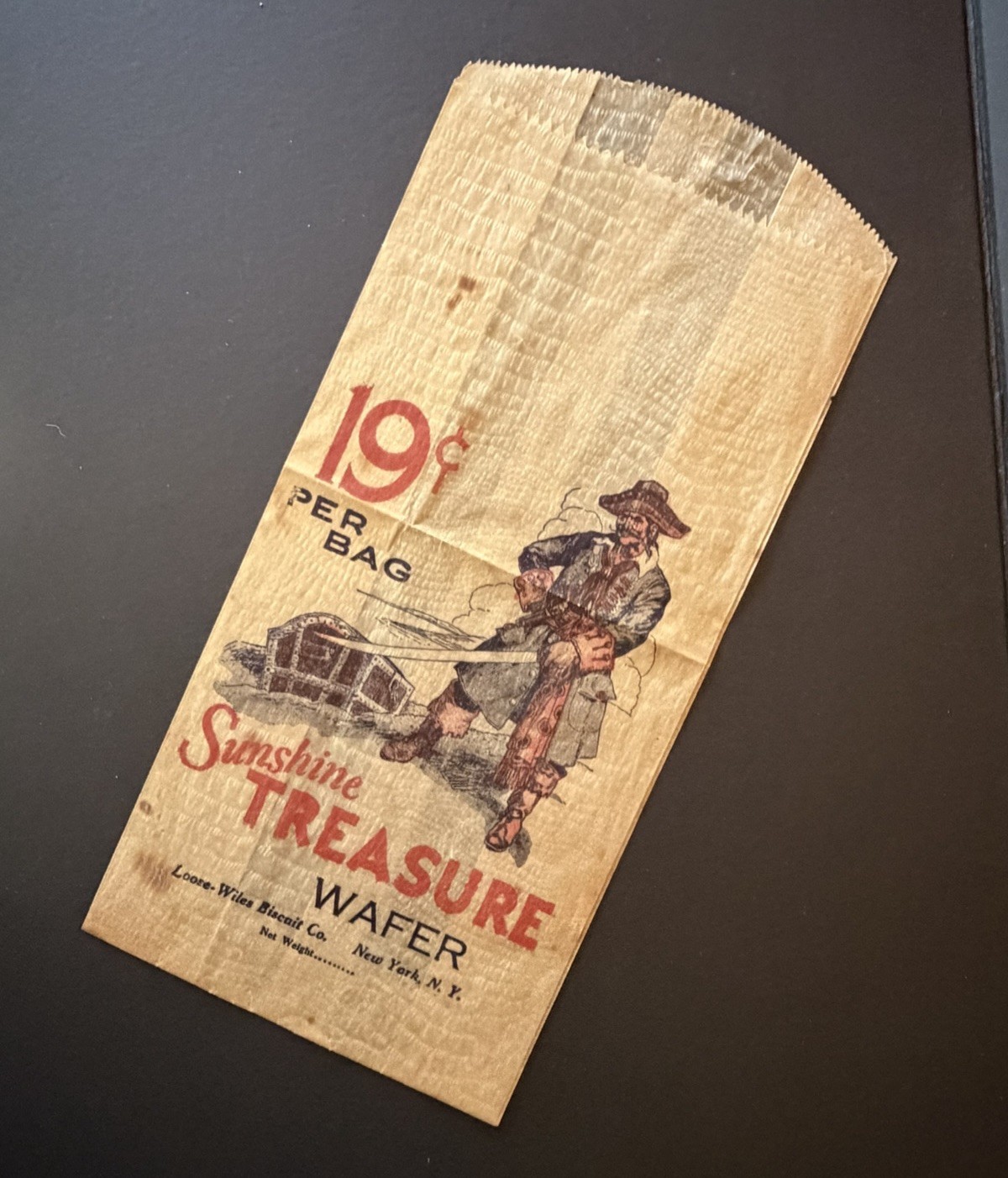 Vintage 1940\'s Pirate SUNSHINE TREASURE WAFERS Cookies 19¢ Wax Paper Bag Wrapper