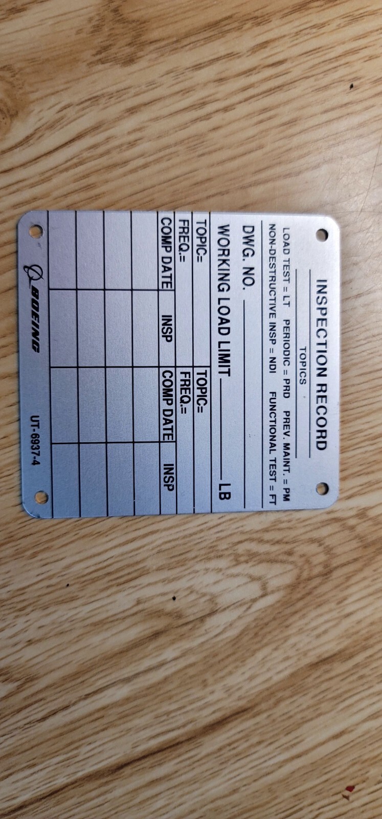 Boeing Aircraft Co UT-6937-4 Tag Metal Plate - 3\
