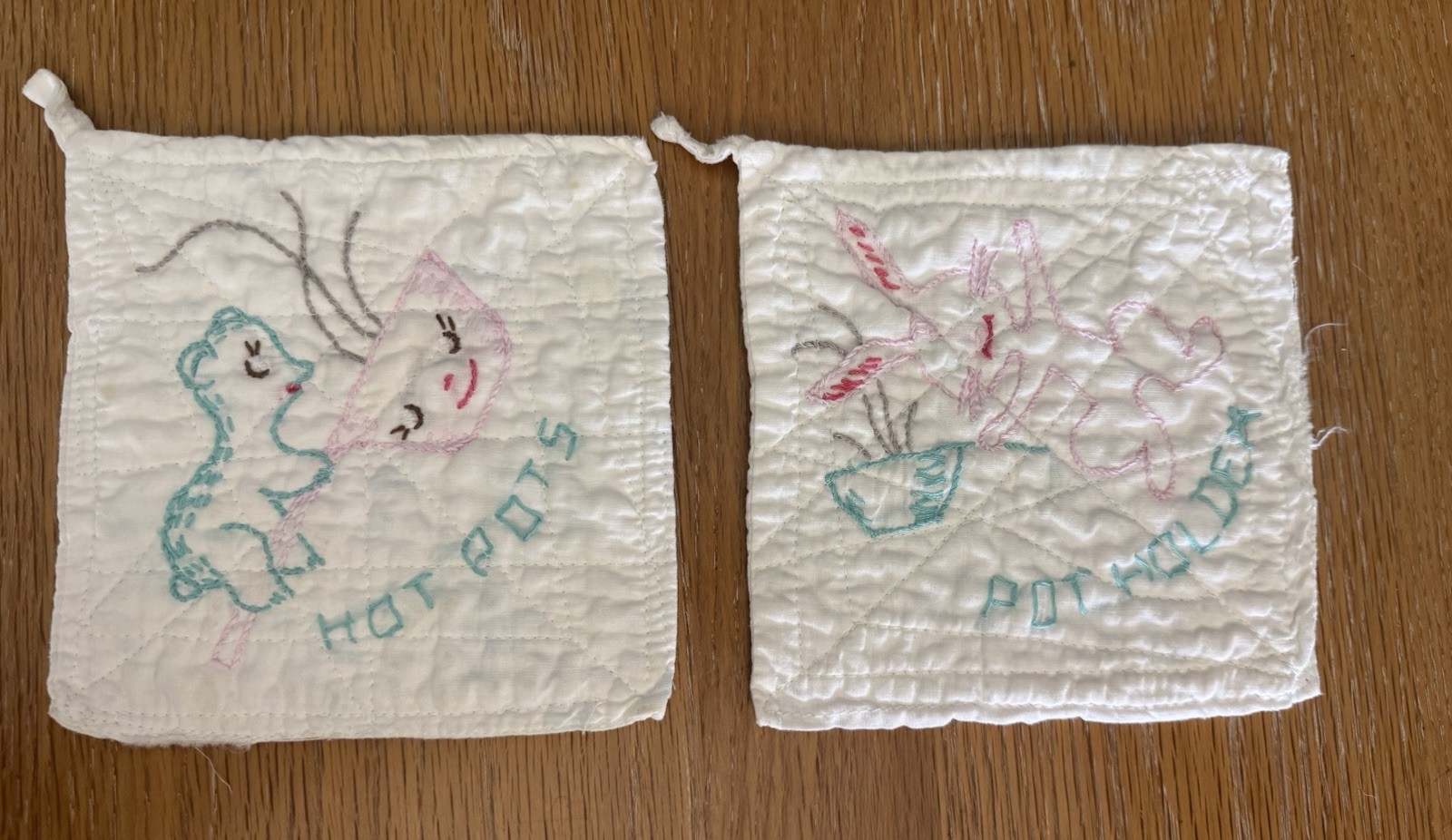 2 VTG Handmade Embroidered Pot Holders