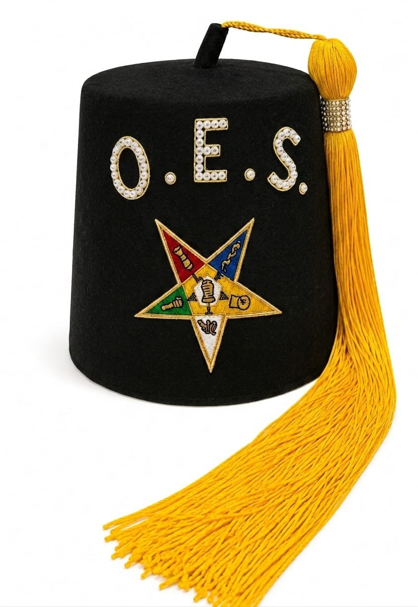 OES Fez Hat Black Order of Eastern Star Masonic Regalia Yellow Tassel All Sizes
