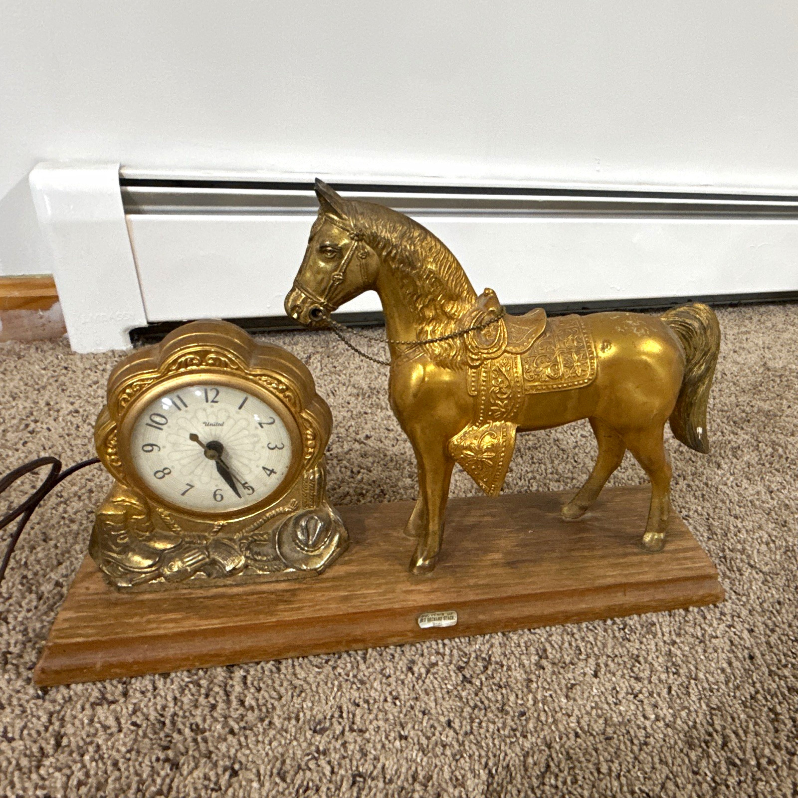 Vintage horse Clock Gold Tone on Wood Base, Old Orchard Beach ME