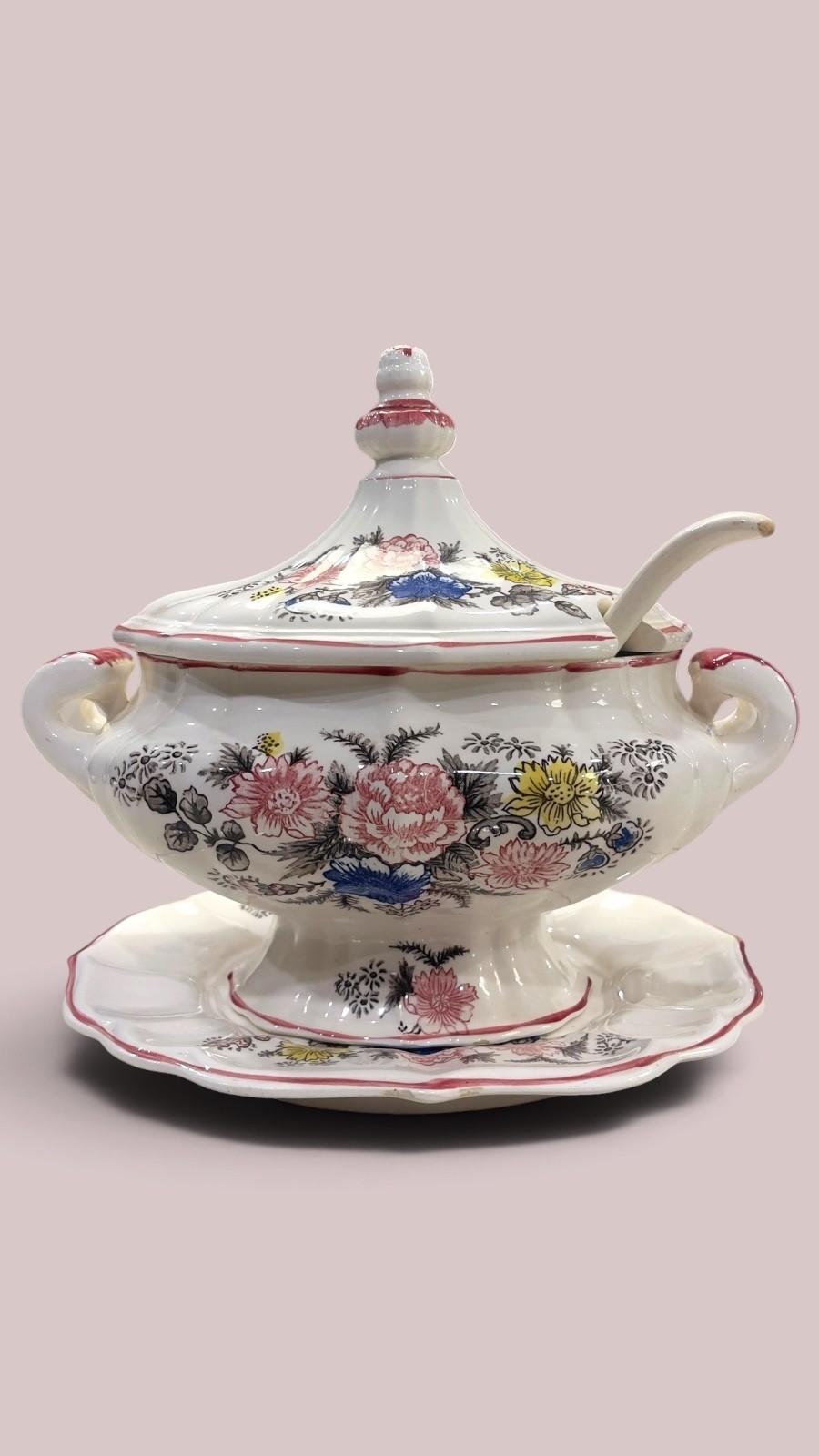 Mid Century Porcelain Floral Soup Tureen Set 4 Piece Ladle Underplate Vintage Mid Century Porcelain Floral Soup Tureen Set 4 Piece Ladle Underplate Vintage