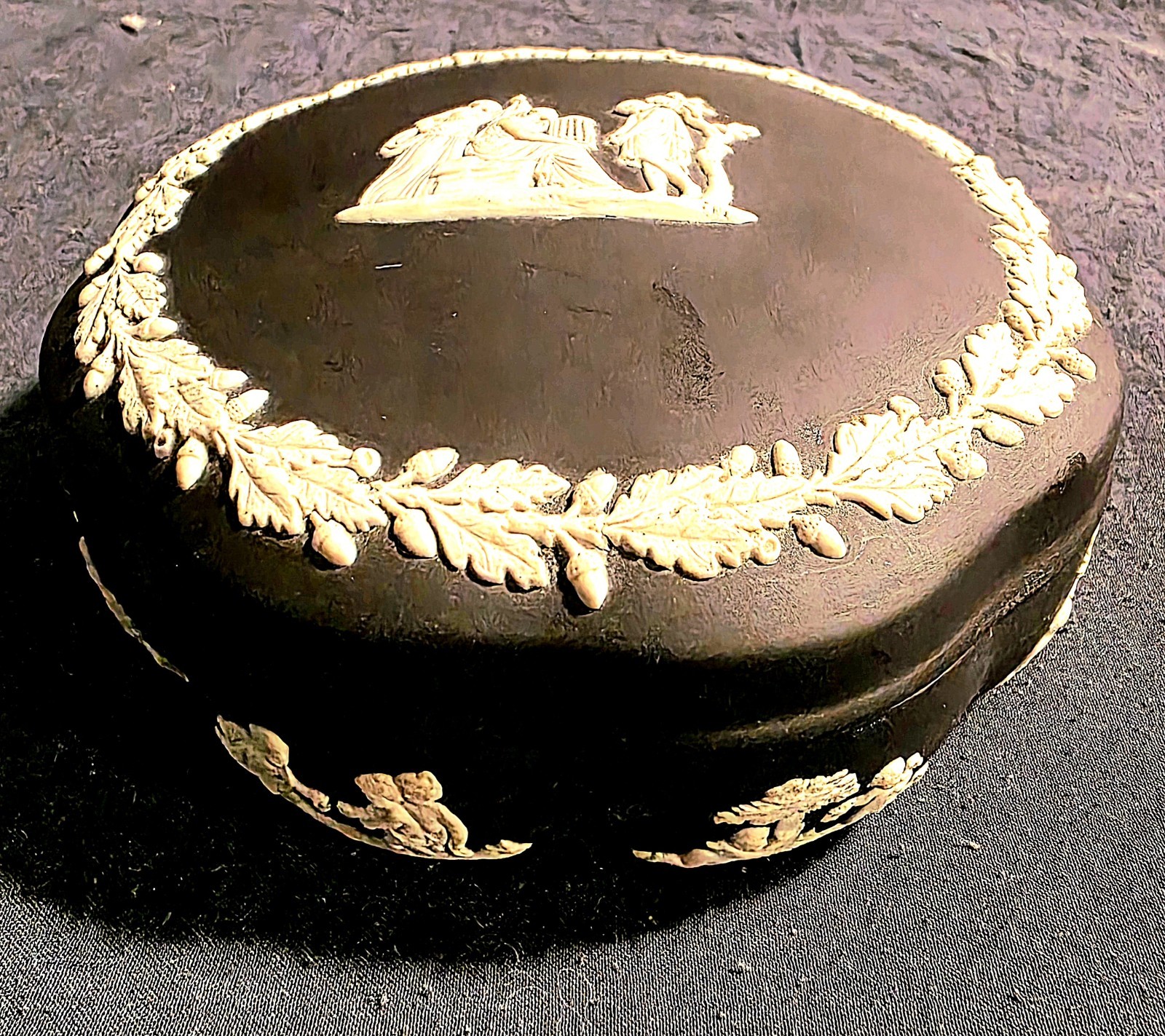 RARE BLACK Wedgwood Black Basalt Jasperware Round Lidded Vanity