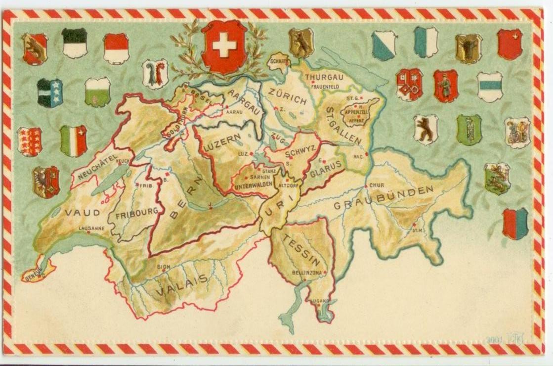very nice c1905 Switzerland map of the Cantons - 3001 CTK