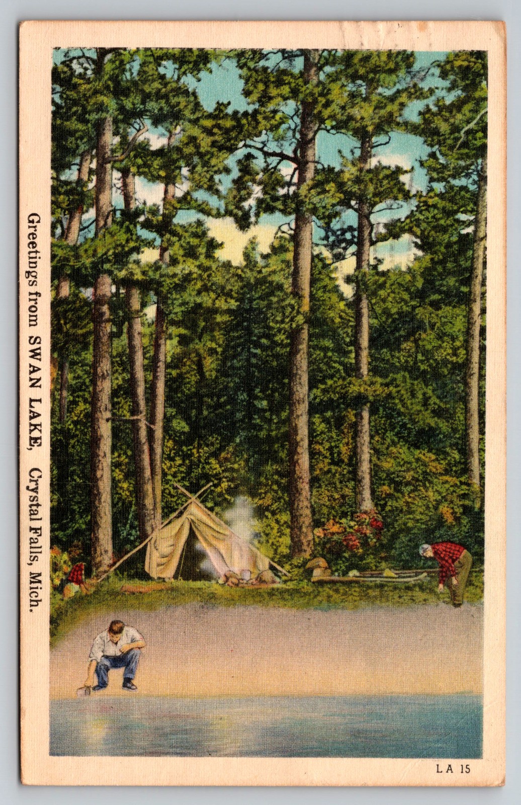 Crystal Falls Michigan Swan Lake Camping Fishing Camp MI c1949 Postcard