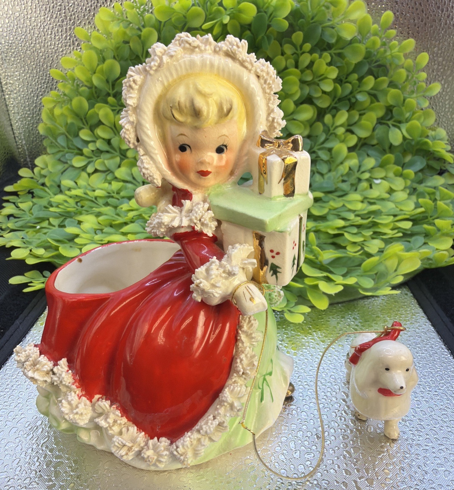 Vtg Napco Christmas Shopper Girl Red Dress w Poodle Presents Spaghetti Trim
