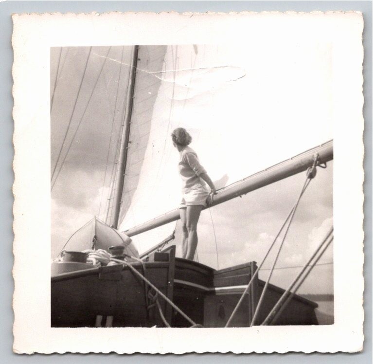 1940s Woman Standing on Sailboat Deck Rigging Vintage B&W Photo Snapshot