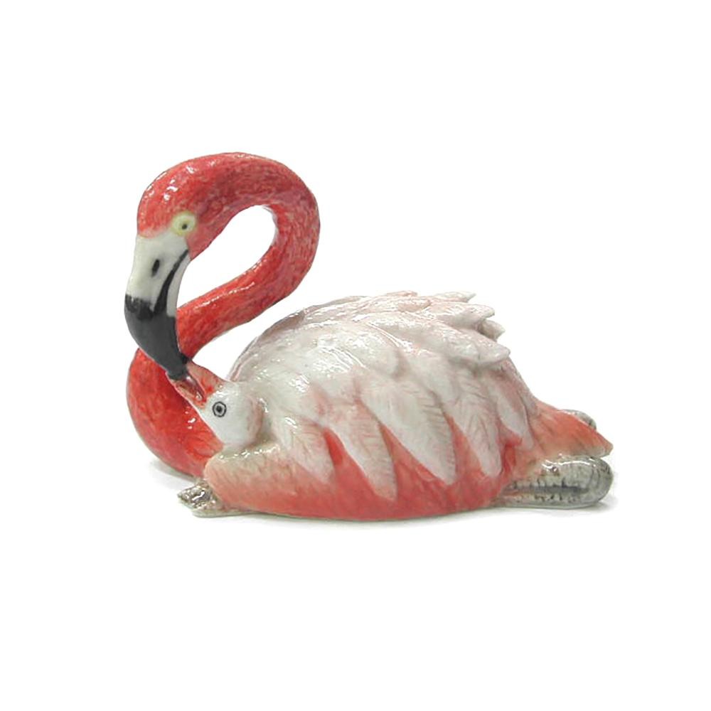 Northern Rose Flamingo Sitting with Baby-Handmade-Miniature Porcelain Figurine
