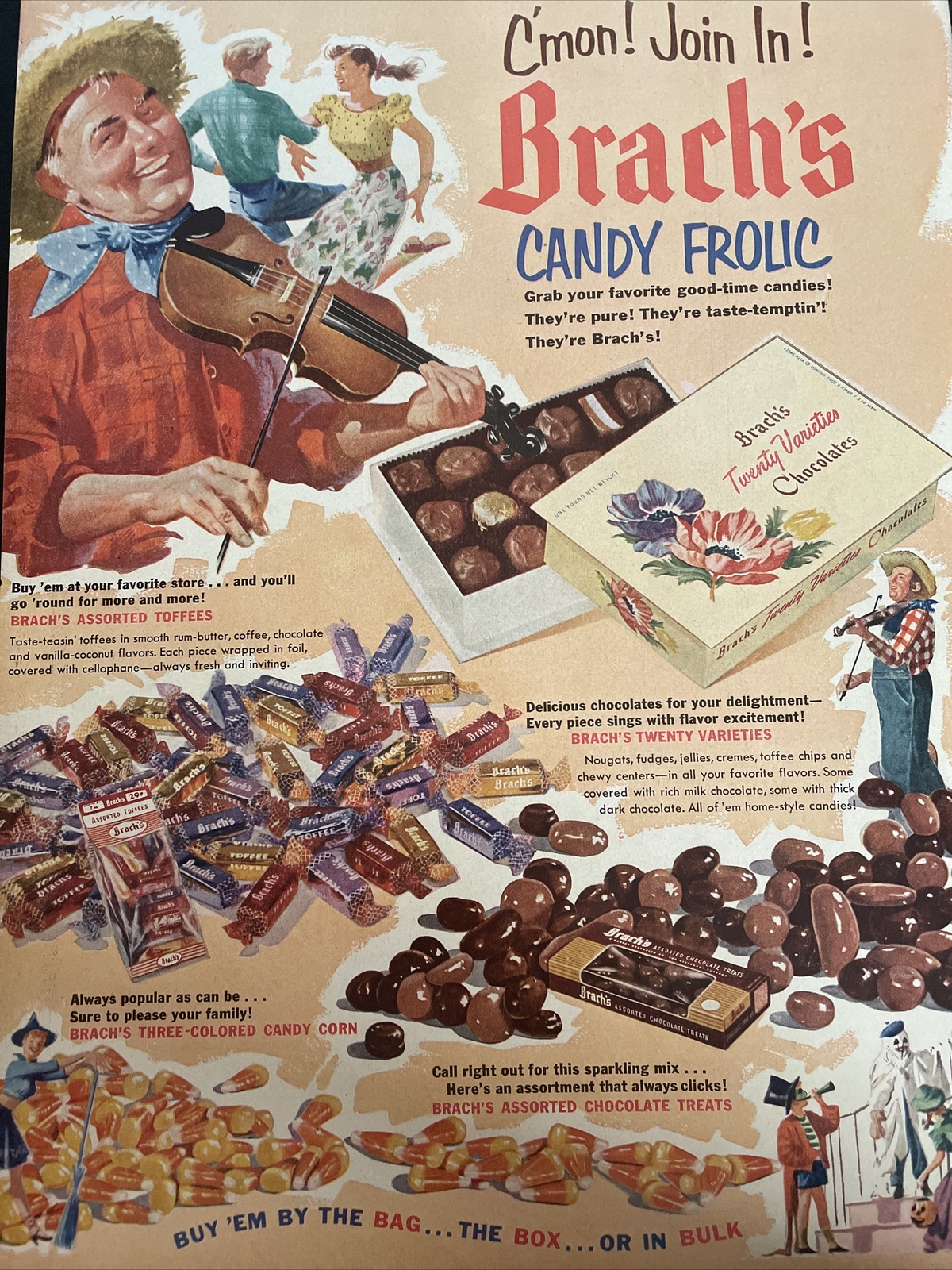 1952 Vintage Brach's Chocolate Cherries Print Ad, C’mon Join In