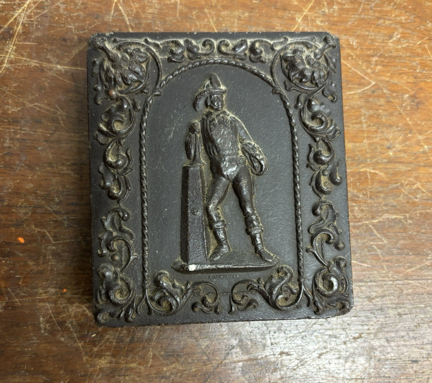 antique fireman 1800s photo case gutta percha   3.75x3.75  with original