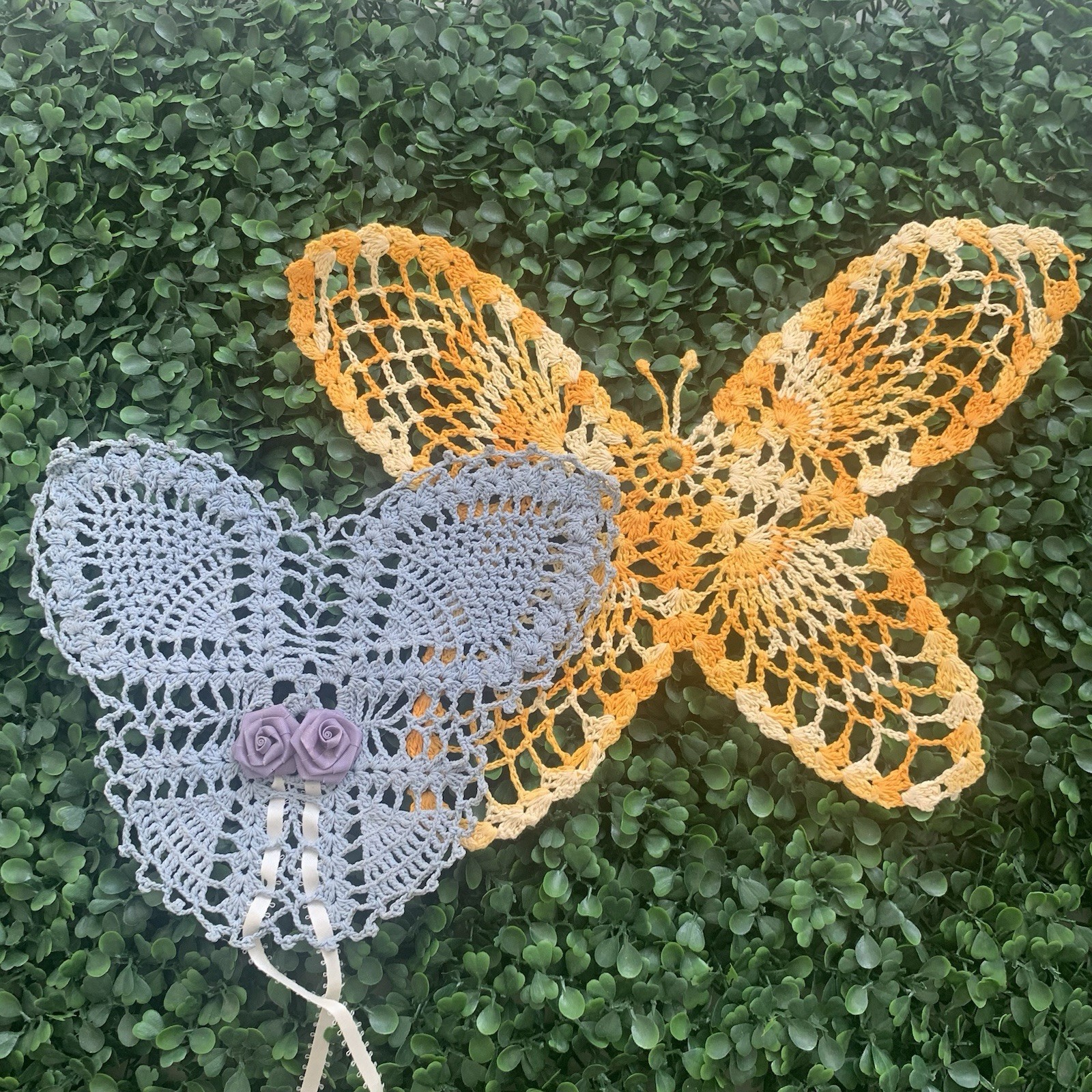 Adorable sturdy vintage orange and blue w/ rosette Crochet Butterfly Decor