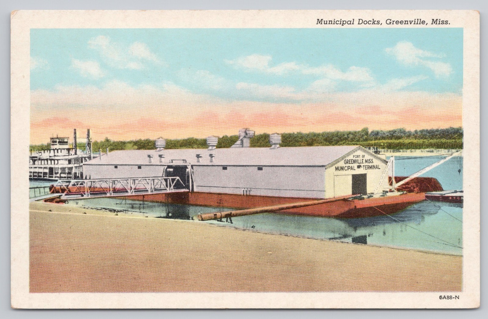 Greenville Mississippi Municipal Dock River Barge Terminal White Border Postcard Greenville Mississippi Municipal Dock River Barge Terminal White Border Postcard