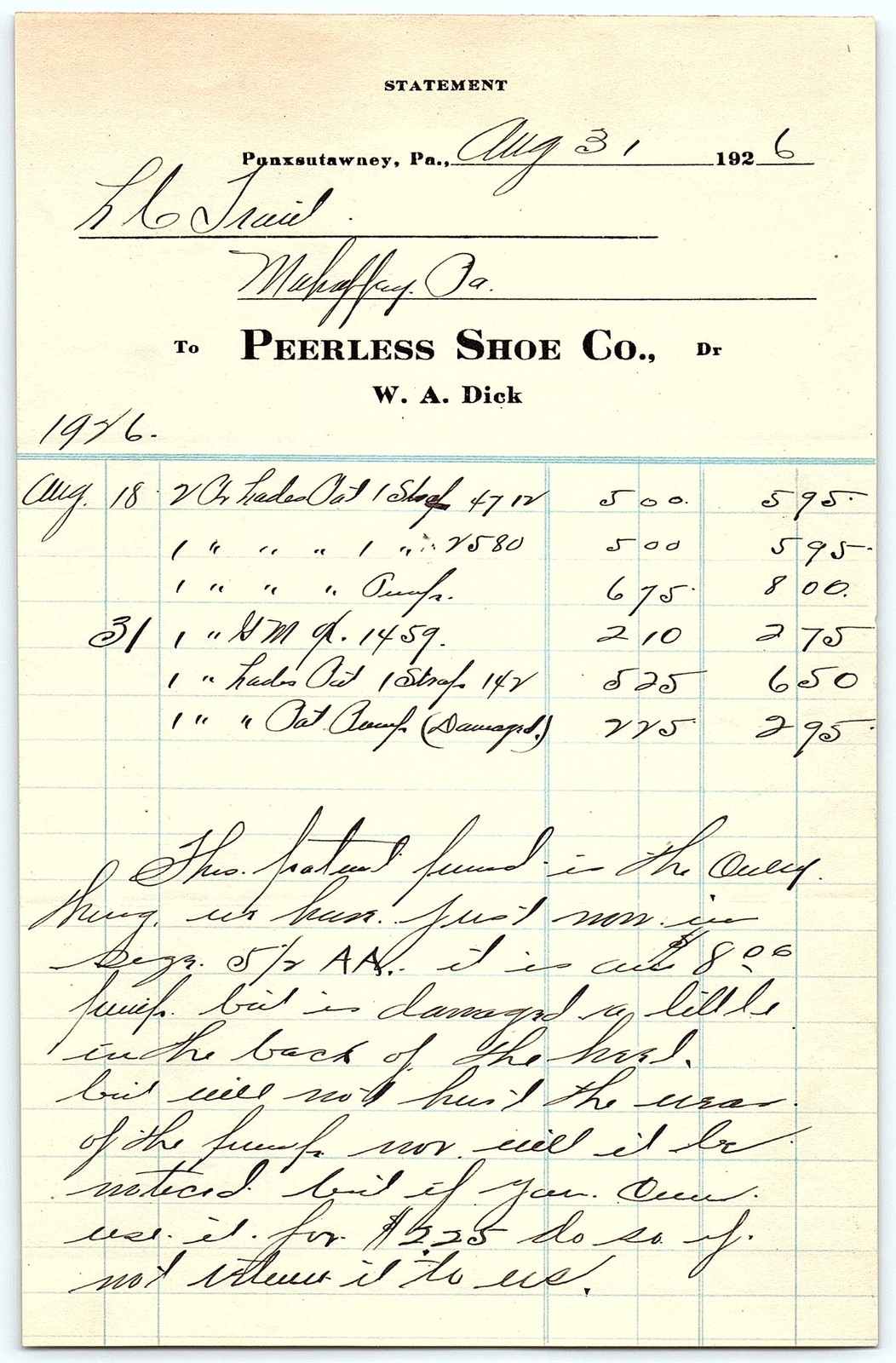 1926 Peerless Shoe Co. Punxsutawney PA billhead w/ damaged s
