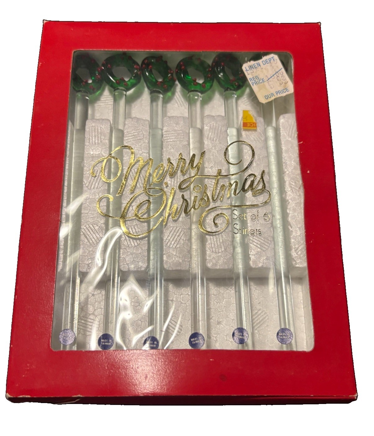 Vintage Two's Company Christmas Wreath Glass Stirrer Swivel Stick Boxed Set of 6