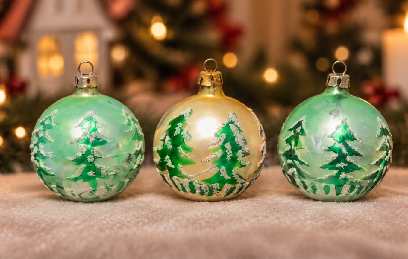 Vintage Poland Glass Christmas Ornaments Set of 3 MCM Tree Glitter 2 Inch