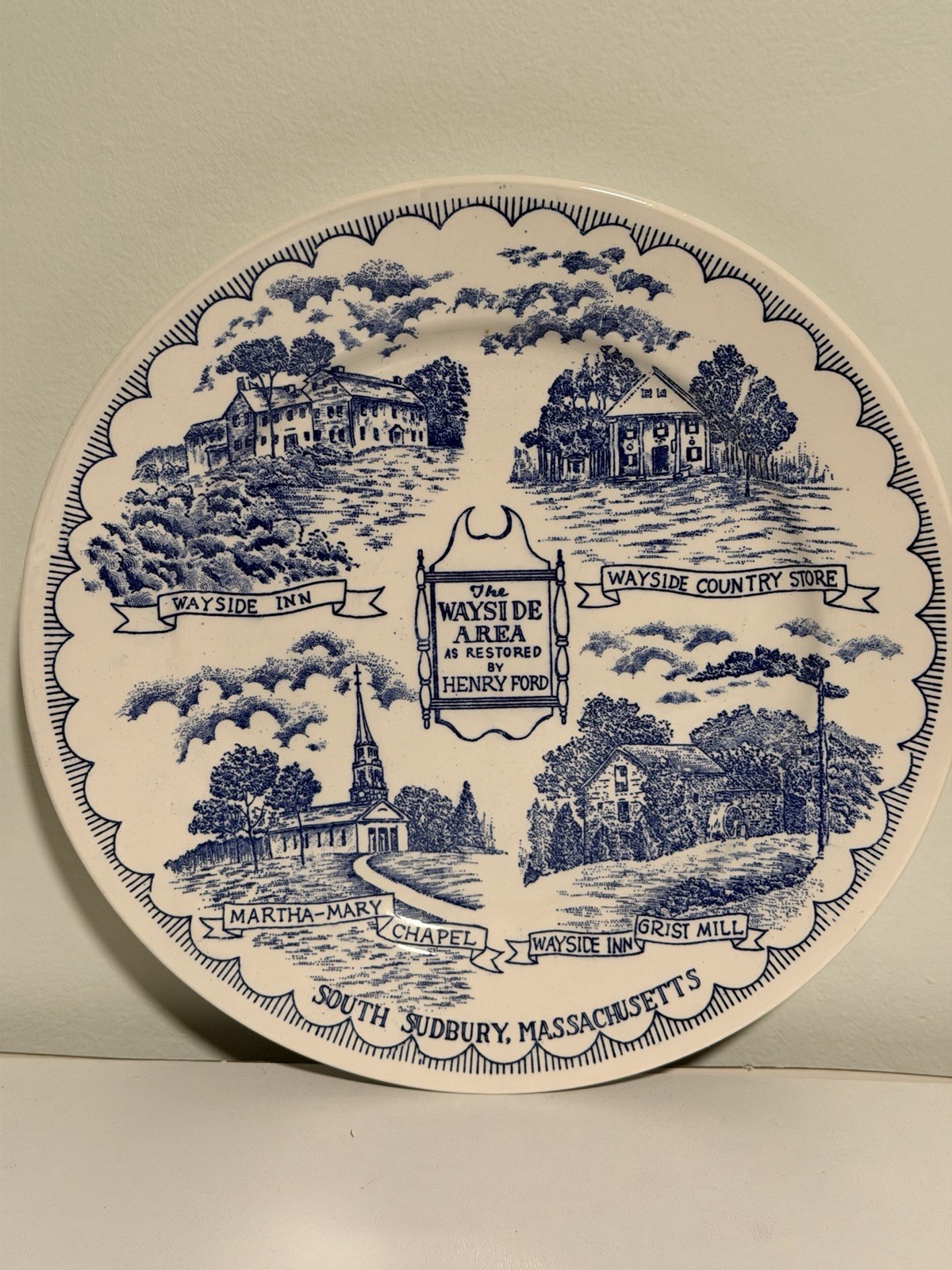 Vtg blue& white transferware plate Ft Wayside Area in South Sudbury MASS Vtg blue& white transferware plate Ft Wayside Area in South Sudbury MASS