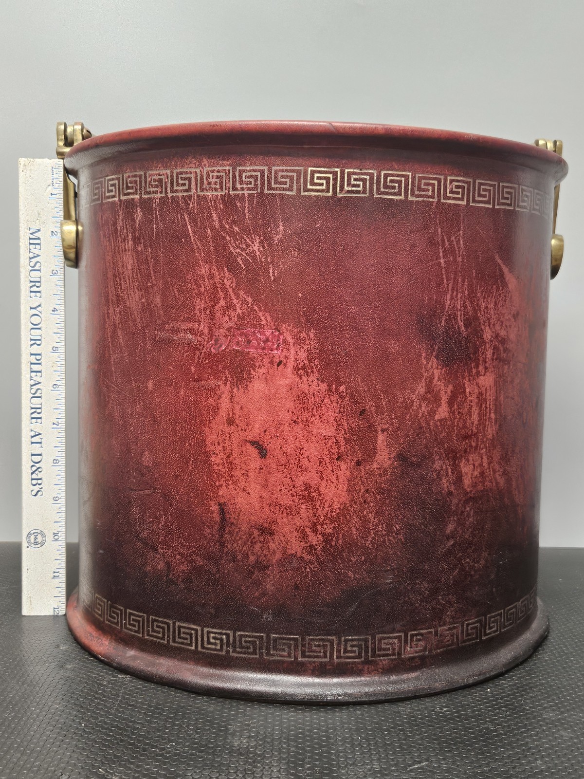 Vtg Maitland Smith Leather Wrapped Waste Basket/Fire Bucket Brass Handle Insert