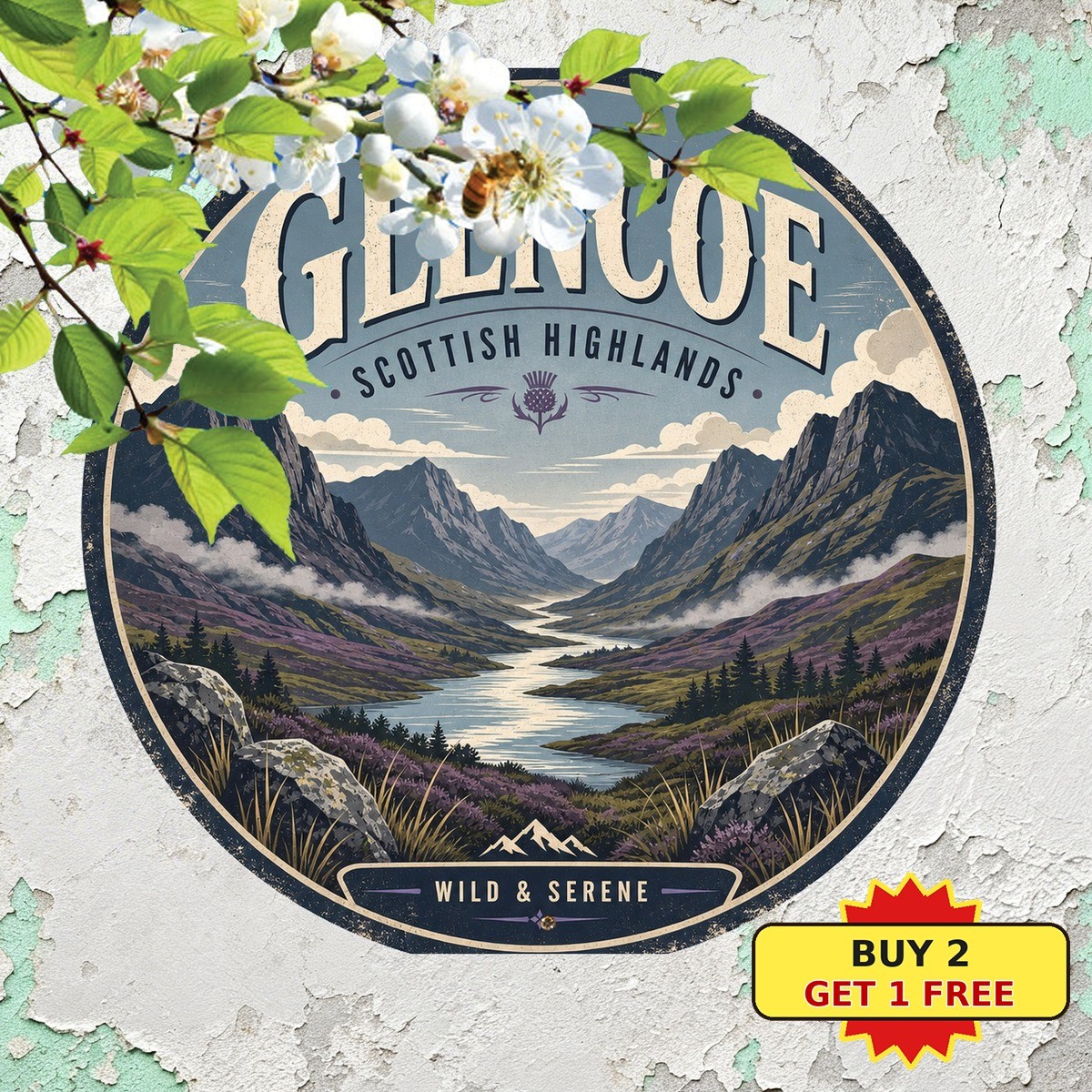 Glencoe Scotland Highland Landscape Round Tin Sign Vintage Travel Souvenir 8x8